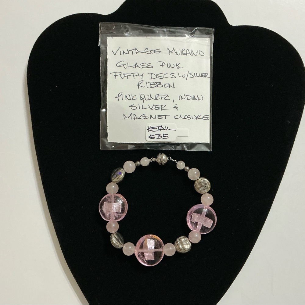 Vintage Murano Glass Pink Quartz Indian Silver Magnetic Closure